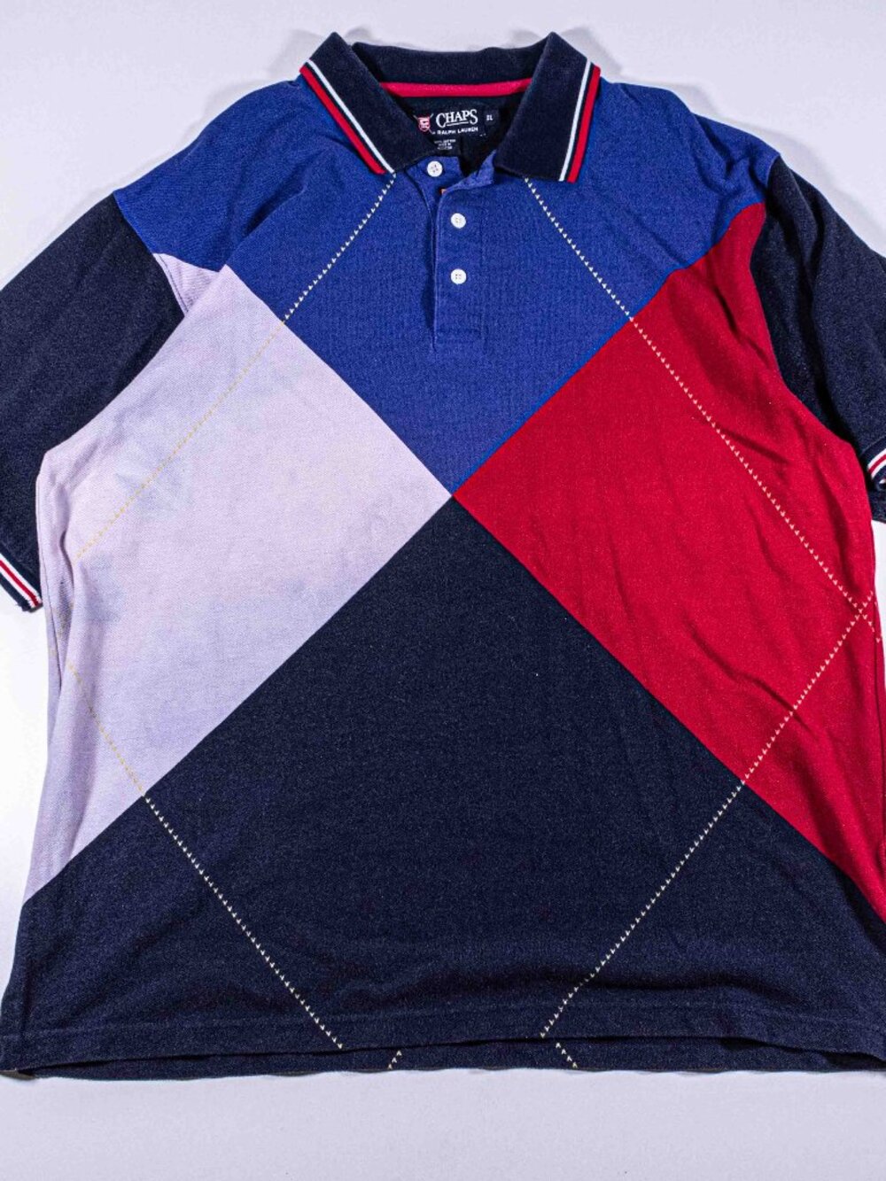 Vintage 90s Chaps Ralph Lauren Golf Argyle Polo Shirt Colorblock Distressed XL